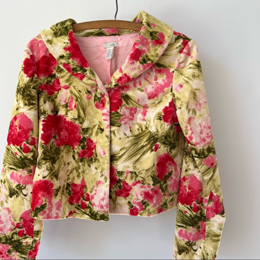 Odille Womens Jacket Size 4 Green Pink Floral Blazer 3/4 Sleeve Cotton Casual